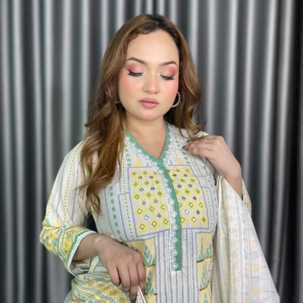Aarong Cotton Print Hand Work 3 Piece white and green pattern