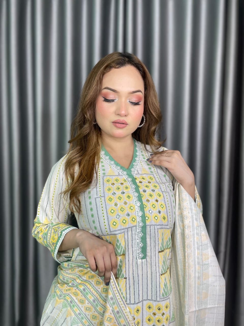 Aarong Cotton Print Hand Work 3 Piece white and green pattern