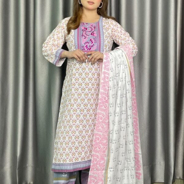 Alternative view of Aarong Cotton Print Hand Work 3 Piece White Purple Pattern