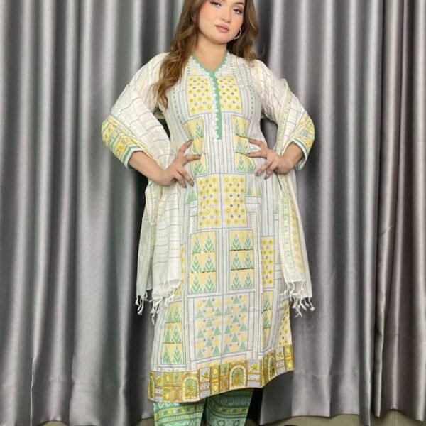 Alternative view of Aarong Cotton Print Hand Work 3 Piece white and green pattern