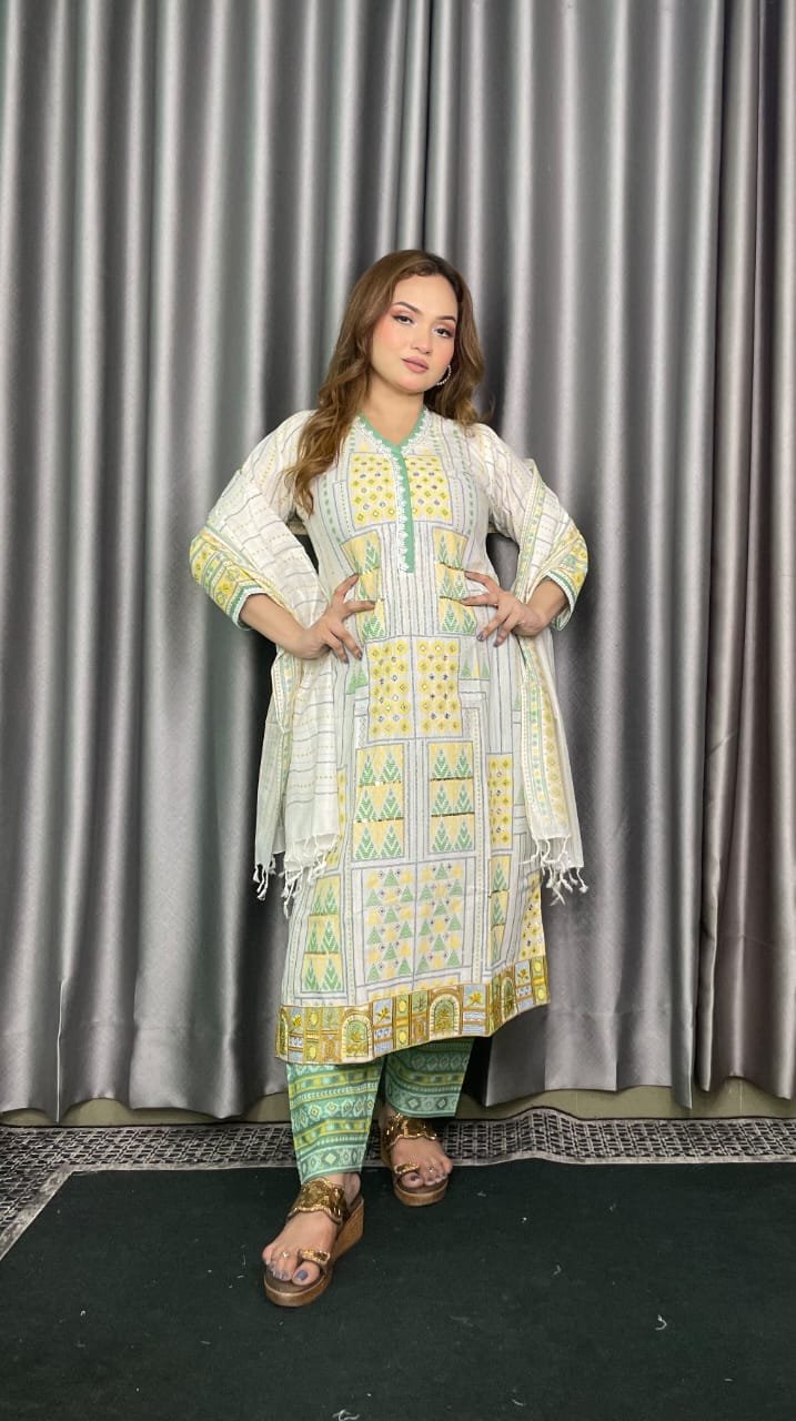 Aarong Cotton Print Hand Work 3 Piece white and green pattern - Image 2