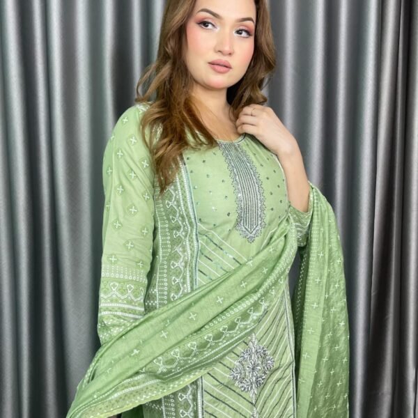 Linen Print 3 Piece Green Floral Sequence Hand Work