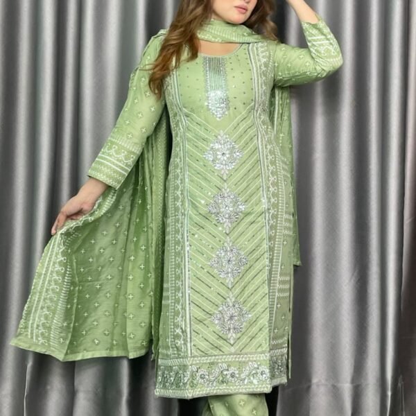 Alternative view of Linen Print 3 Piece Green Floral Sequence Hand Work