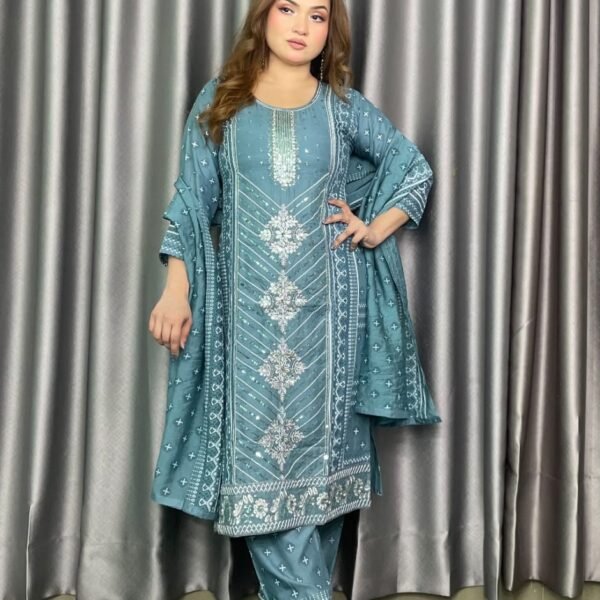 Linen Print 3 Piece Teal Color Floral Sequence Hand Work