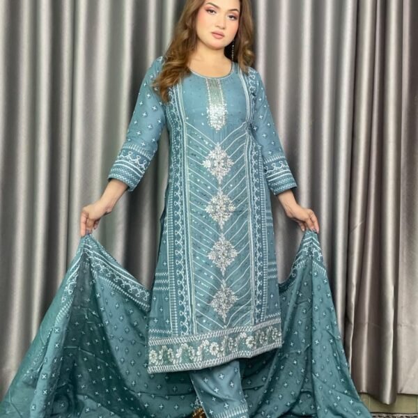 Alternative view of Linen Print 3 Piece Teal Color Floral Sequence Hand Work