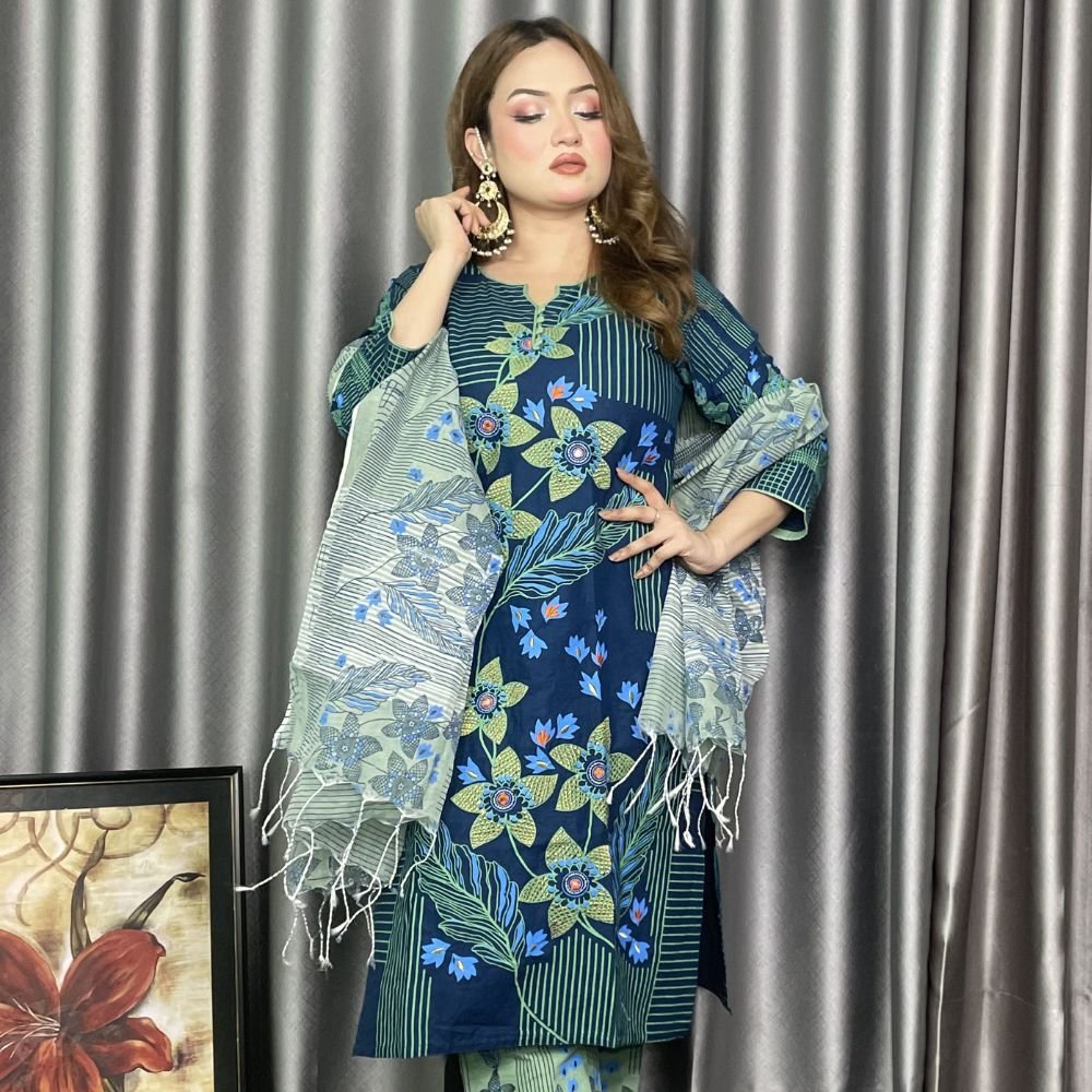 হ্যান্ড ওয়ার্কের এলিগেন্ট ডিজাইন আড়ং কটন Blue Color