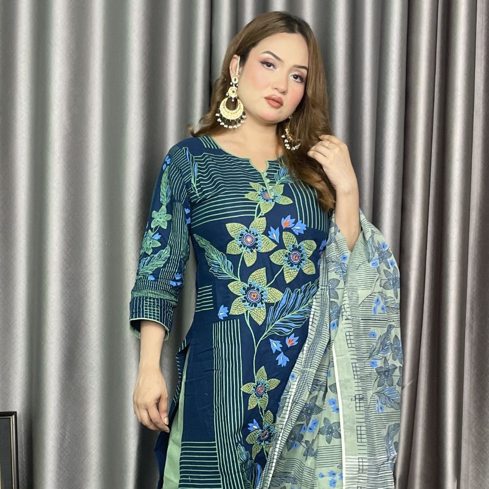 হ্যান্ড ওয়ার্কের এলিগেন্ট ডিজাইন আড়ং কটন Blue Color - Image 2