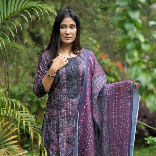 Soft Silk Computer Embroidery Tarcel Work and Digital Print 3 Piece Deep Purple Color
