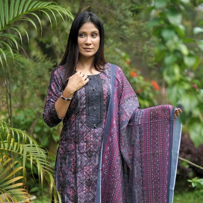 Soft Silk Computer Embroidery Tarcel Work and Digital Print 3 Piece Deep Purple Color